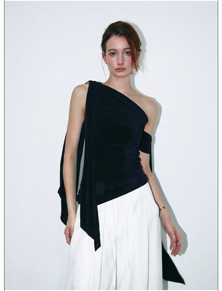 French-Inspired Acetate One-Shoulder Tie Detail Sleeveless Top
