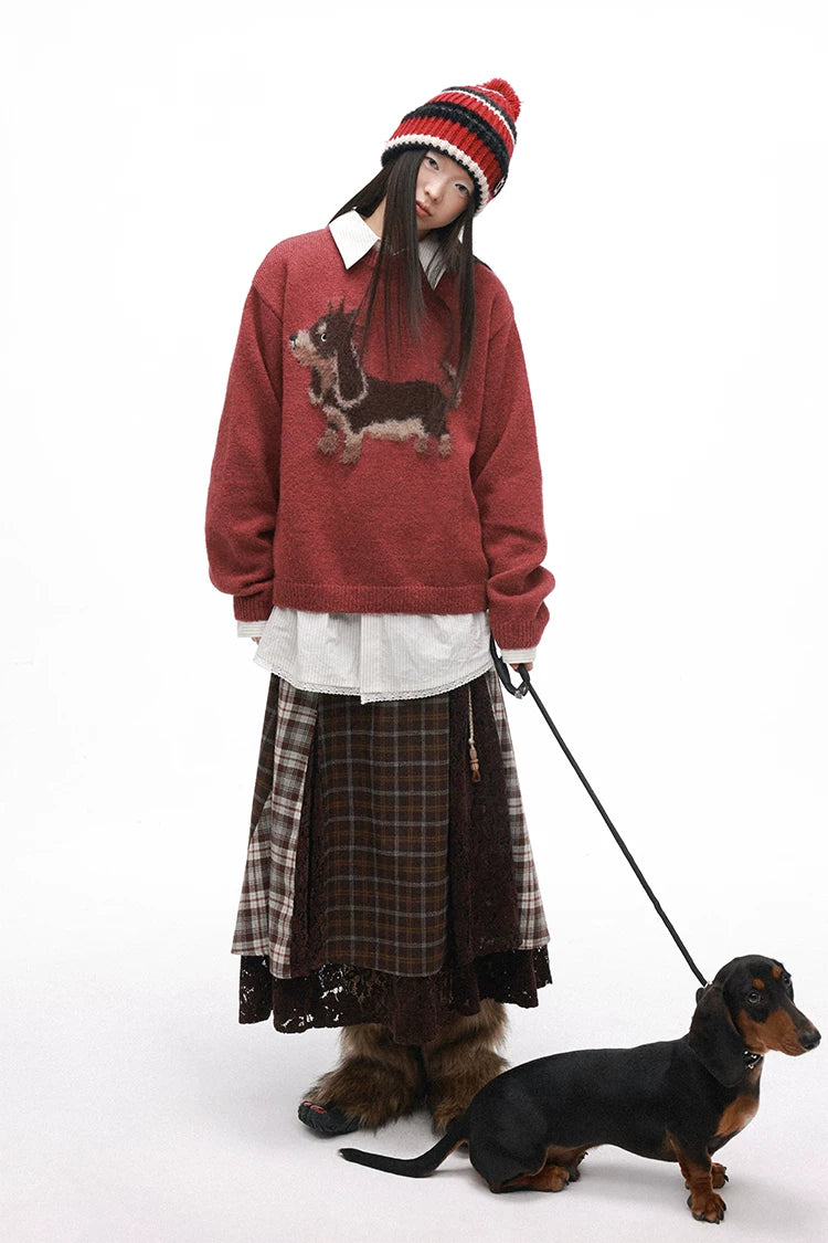 Punk Dog Faux Mink Jacquard Retro Color-Block Soft Knit Sweater