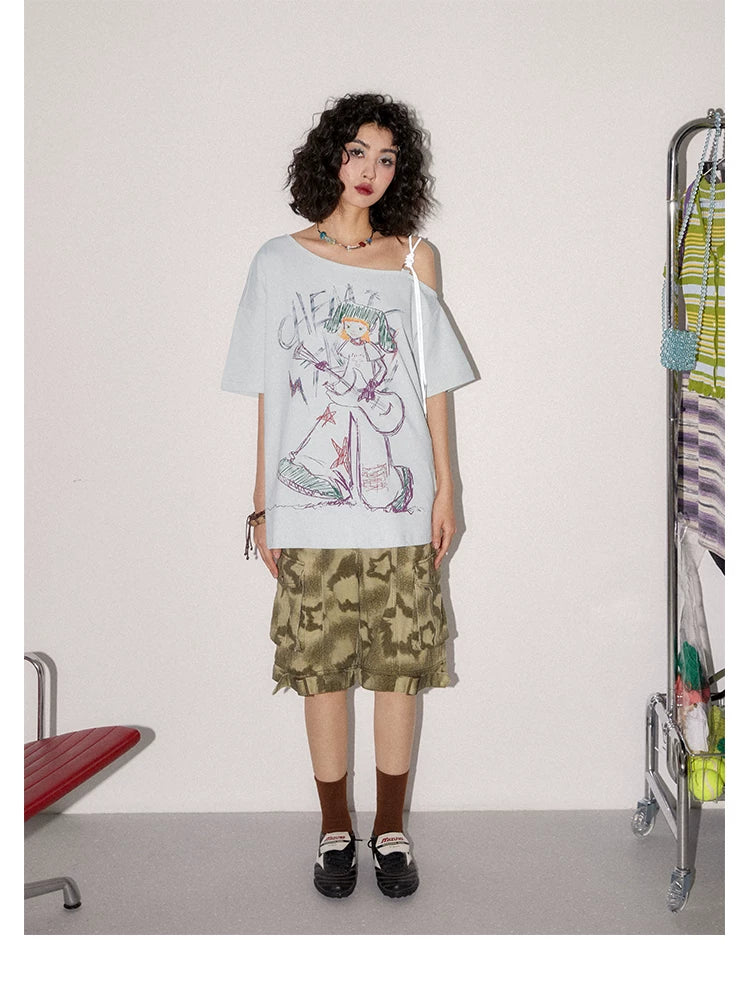 Hand-Drawn Graphic Off-Shoulder Short Sleeve T-Shirt