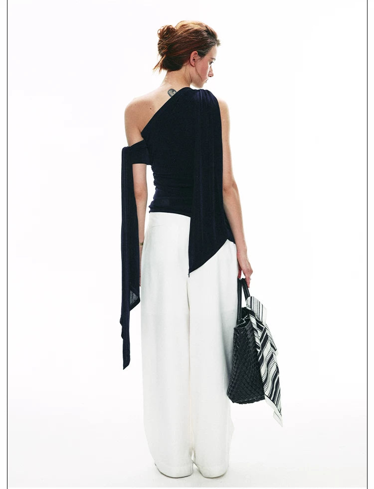 French-Inspired Acetate One-Shoulder Tie Detail Sleeveless Top