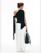 French-Inspired Acetate One-Shoulder Tie Detail Sleeveless Top