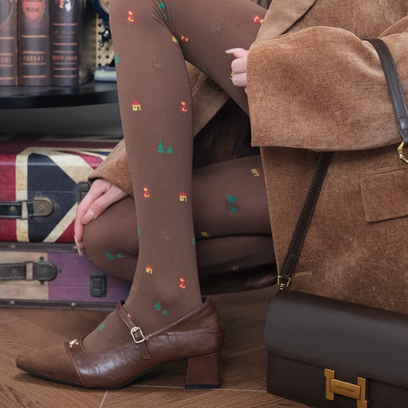Whimsical Christmas Tree Graphic Mocha Brown Tights