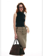 Vintage Contrast Leather Trim Utility Pencil Skirt