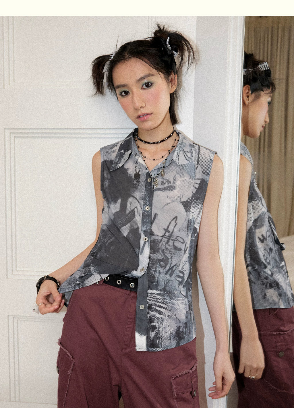 Distressed Sheer Portrait Print Sleeveless Shirt