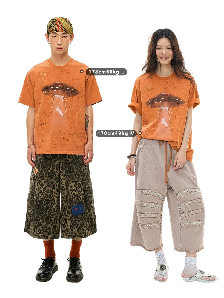 Alien UFO Pig Graphic Short Sleeve T-Shirt