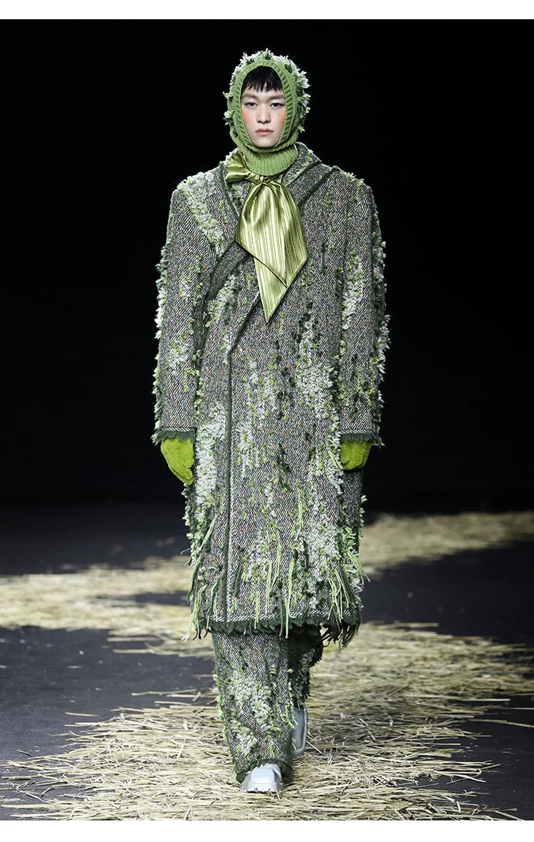 Handmade Mossy Textured Fringe Long Loose Coat