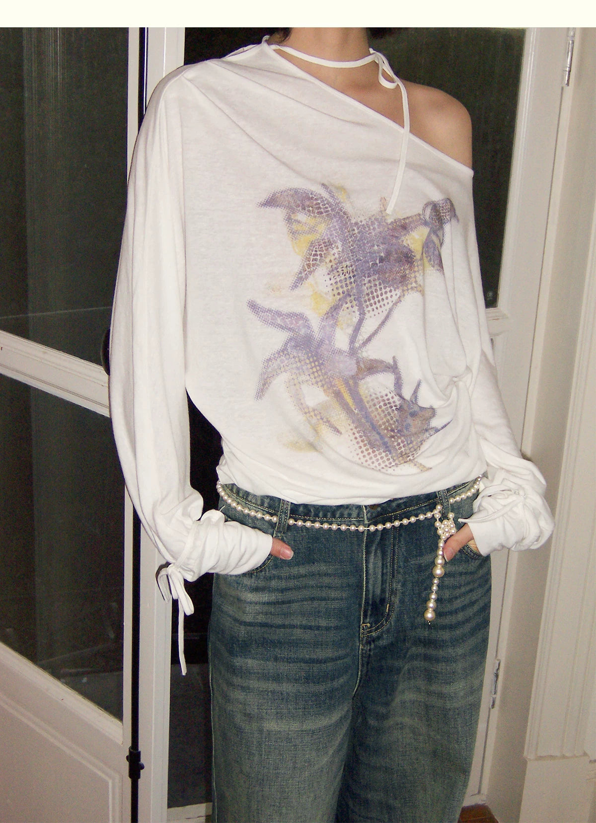 Orchid Print One-Shoulder Tie-Up Long Sleeve T-Shirt
