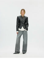 Napoleonic Metal Button Double-Breasted Structured Leather Jacket