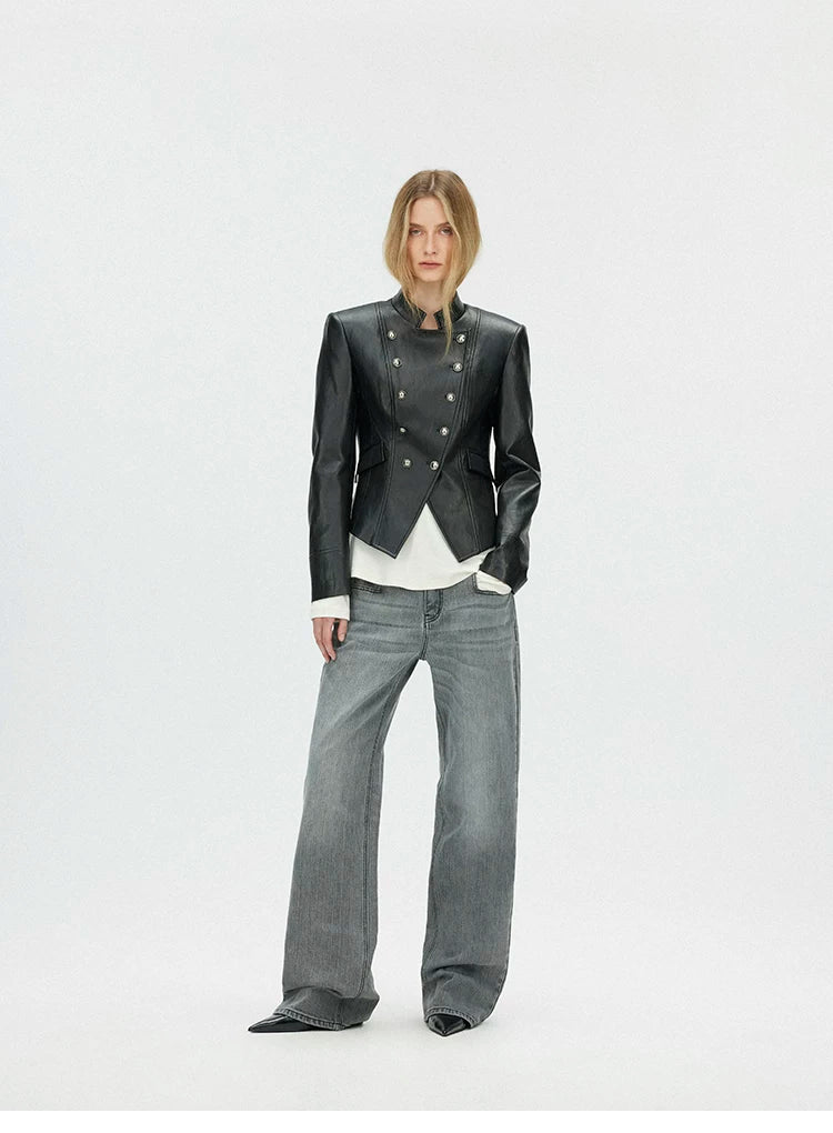 Napoleonic Metal Button Double-Breasted Structured Leather Jacket