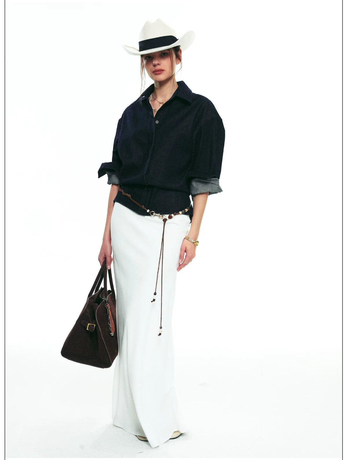 French-Inspired Slim-Fit Cropped Denim Shirt