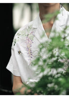 Vintage Wisteria Embroidered Cotton Linen Short Sleeve Shirt