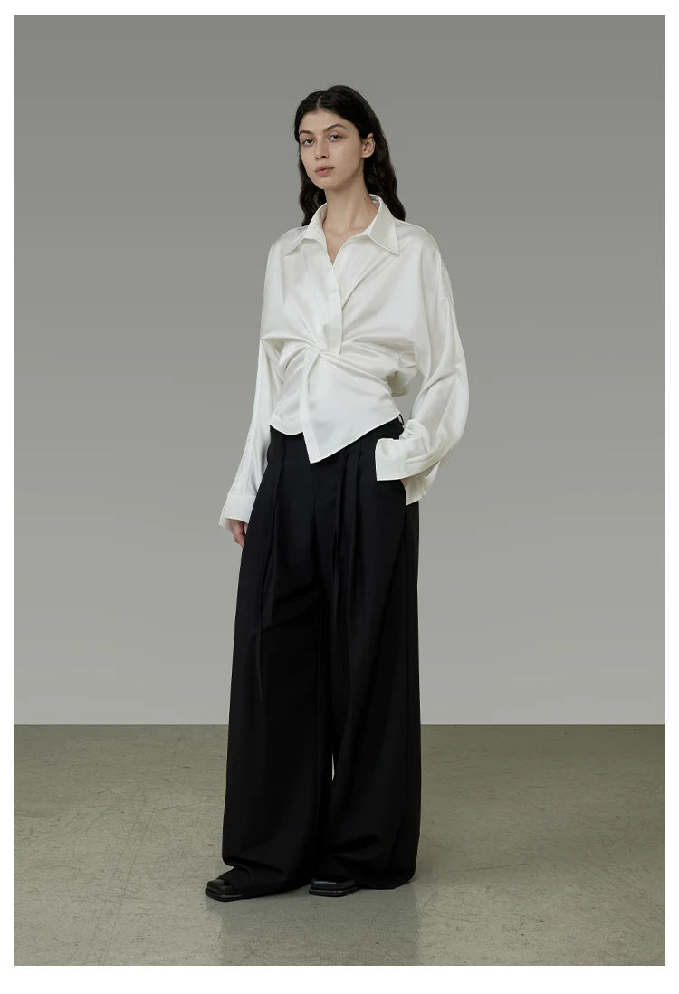 French-Inspired Satin V-Neck Twist Knot Blouse