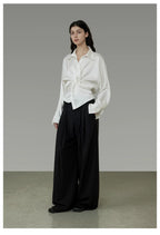 French-Inspired Satin V-Neck Twist Knot Blouse