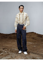Handcrafted Wooden Bead Washed Distressed Baggy Jeans