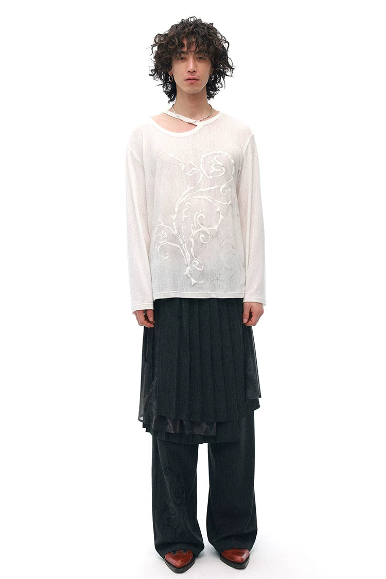 Semi-Sheer Printed Fitted Knit Long Sleeve T-Shirt