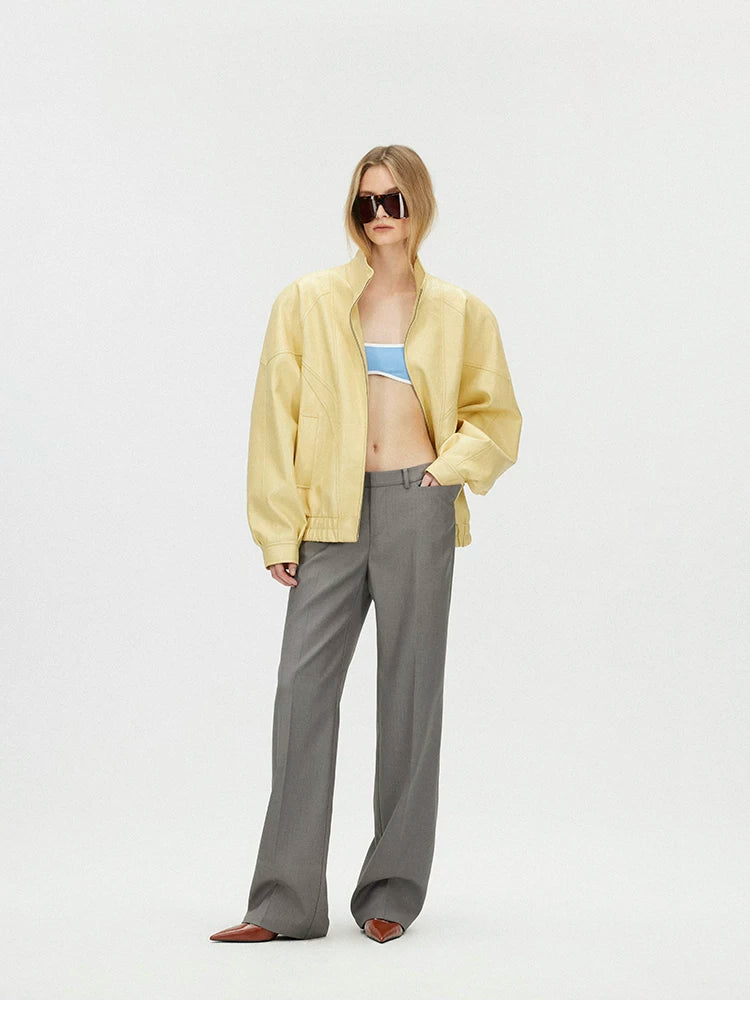 Butter Yellow Curved-Shoulder Leather Bomber Jacket