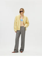 Butter Yellow Curved-Shoulder Leather Bomber Jacket