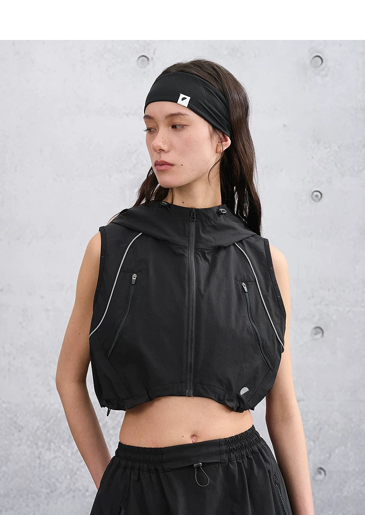 Women’s Summer Slim-Fit Cropped Hooded Functional Vest with Patchwork