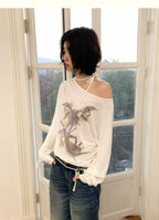 Orchid Print One-Shoulder Tie-Up Long Sleeve T-Shirt