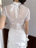 Lace Ruched Slim-Fit Printed Short Sleeve T-Shirt