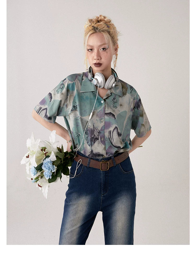 Retro Dye-Wash Graphic Short Sleeve Shirt