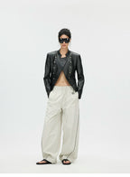 Napoleonic Metal Button Double-Breasted Structured Leather Jacket