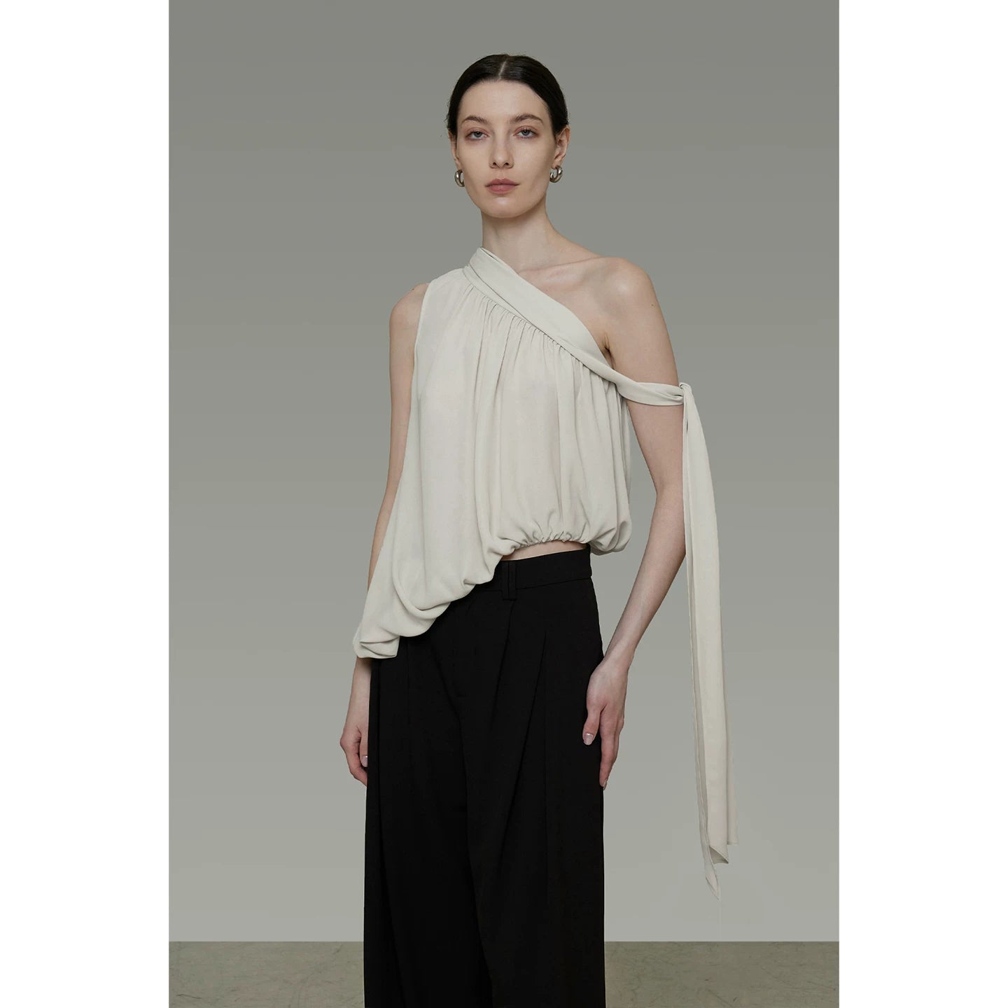 French-Inspired Asymmetric One-Shoulder Sleeveless Top with Tie Detail