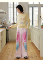 Light Pink Hand-Drawn Print Raw Hem Loose Wide-Leg Jeans