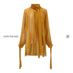 Mulberry Silk Semi-Sheer Tie-Neck Blouse