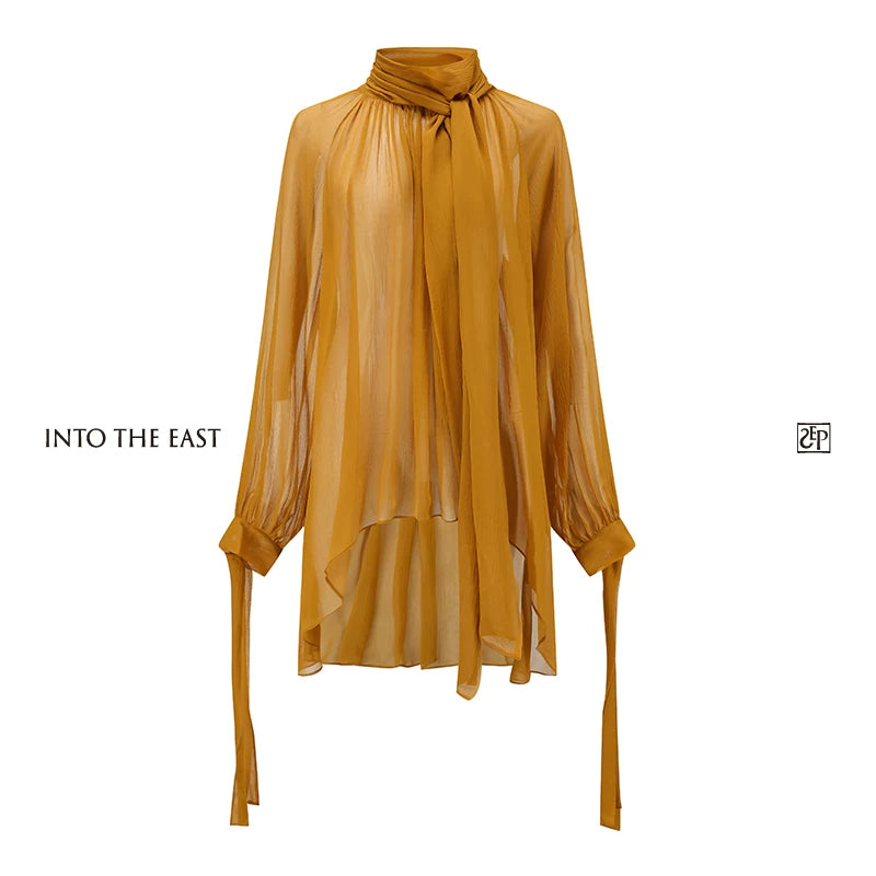 Mulberry Silk Semi-Sheer Tie-Neck Blouse