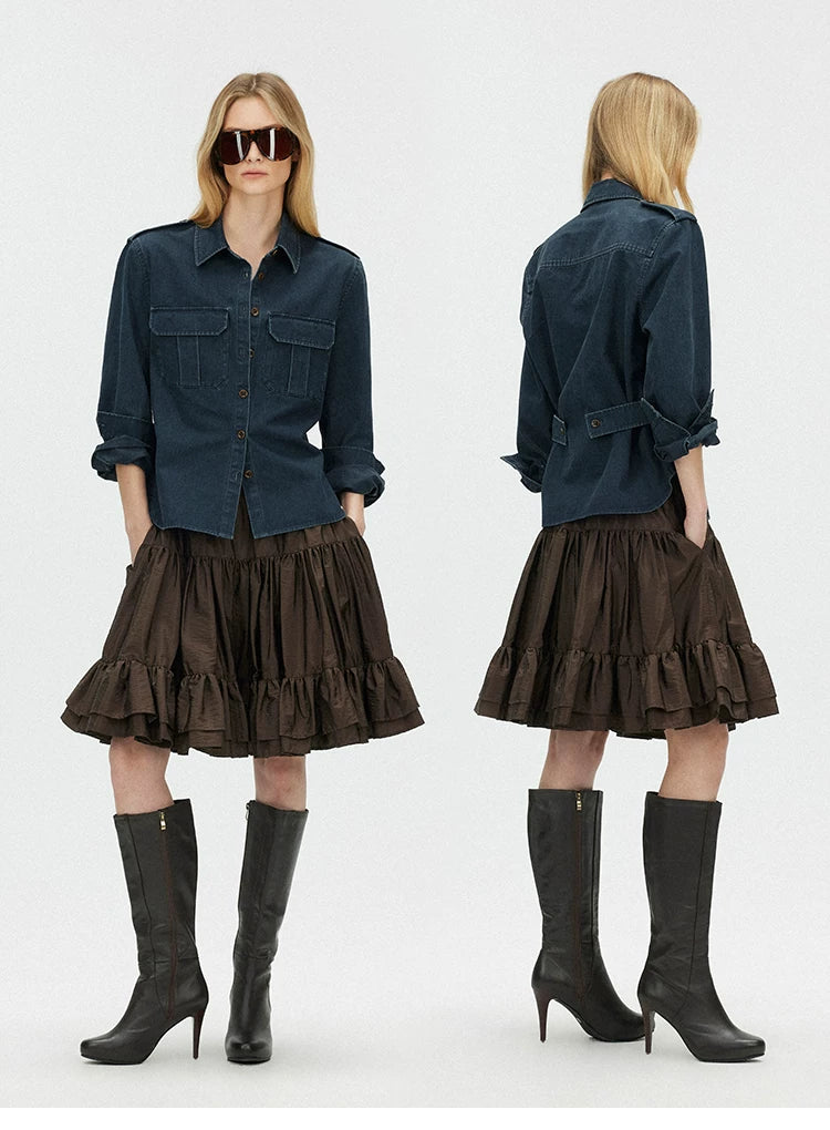 Layered Voluminous Taffeta Midi Skirt