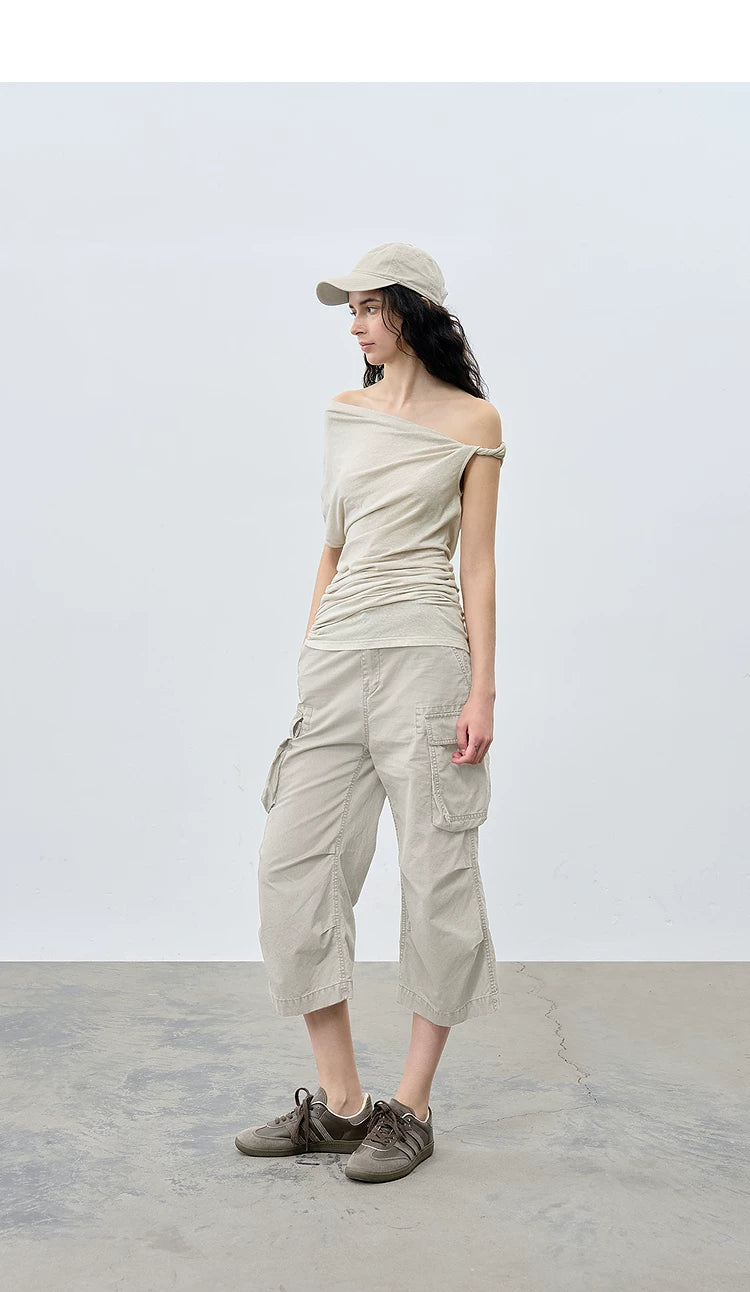 Summer Loose Casual One-Shoulder Asymmetrical Ruched T-Shirt