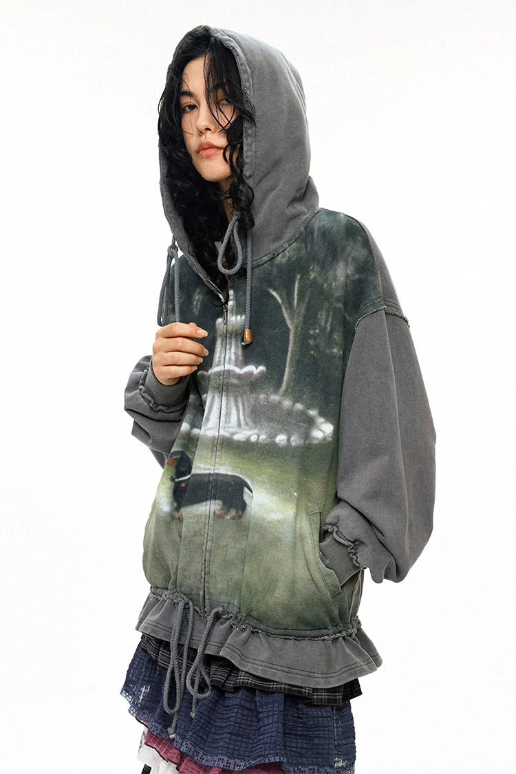 Jack Graphic Distressed Ruched Patchwork Zip-Up Hoodie