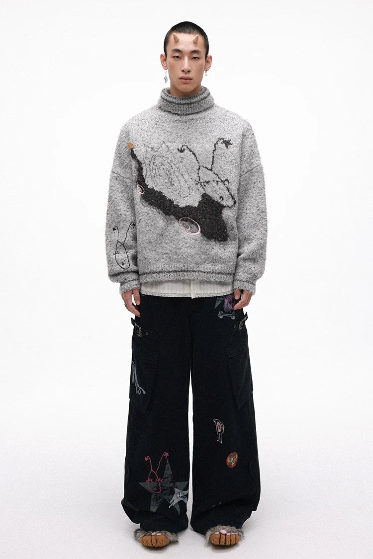 Grotesque Hand-Drawn Graphic Panel Loose Fit Cargo Denim Pants