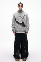 Grotesque Hand-Drawn Graphic Panel Loose Fit Cargo Denim Pants