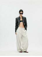 Napoleonic Metal Button Double-Breasted Structured Leather Jacket