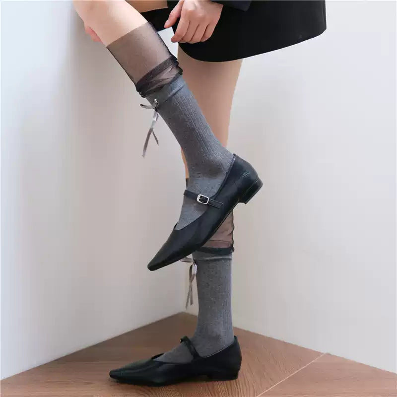 Quiet Luxury Ribbed Crew Socks with Sheer Mesh Cuffs