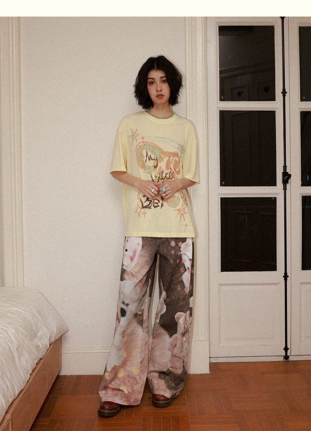 All-Over Doll Print Wide-Leg Denim Pants