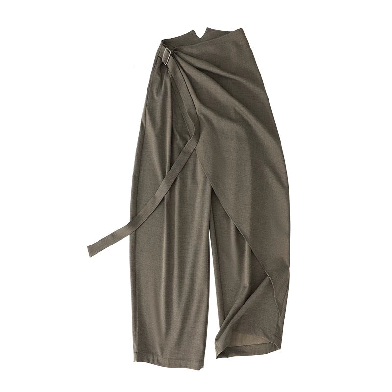 Autumn Wool-Blend Wide-Leg Tailored Pants with Layered Tie Details
