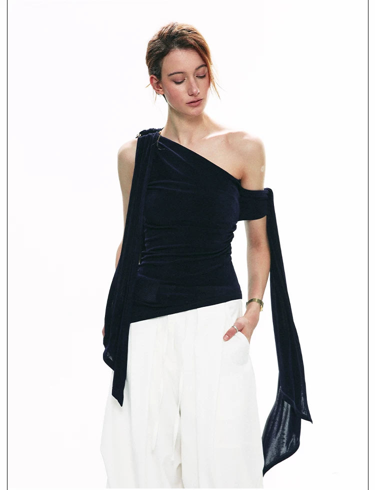 French-Inspired Acetate One-Shoulder Tie Detail Sleeveless Top