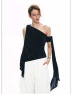 French-Inspired Acetate One-Shoulder Tie Detail Sleeveless Top