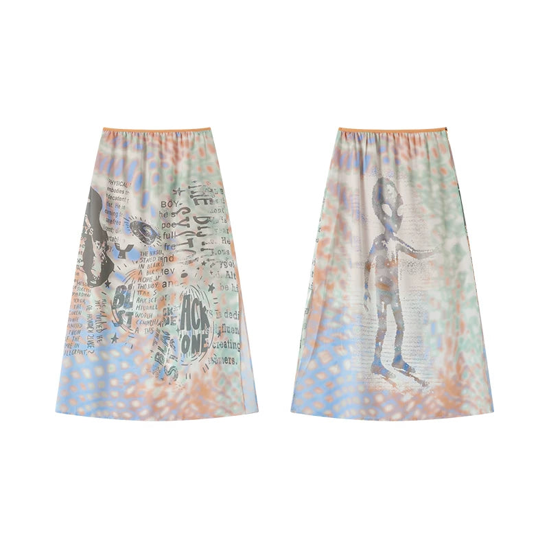 Reversible Alien Futuristic Print Chiffon Mesh Skirt