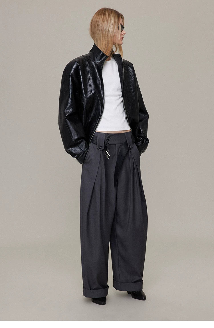 Waxed Black Leather Moto Jacket with Curved Shoulders