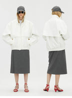 Contrast Trim Double-Placket Stand Collar Oversized Jacket