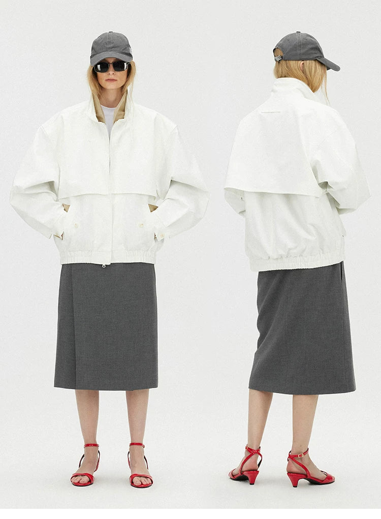 Contrast Trim Double-Placket Stand Collar Oversized Jacket