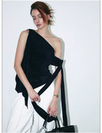 French-Inspired Acetate One-Shoulder Tie Detail Sleeveless Top