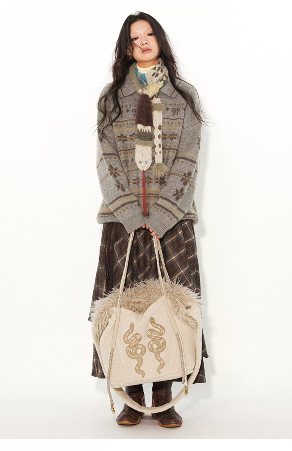 Snake Print Lamb Wool Embroidered Bag