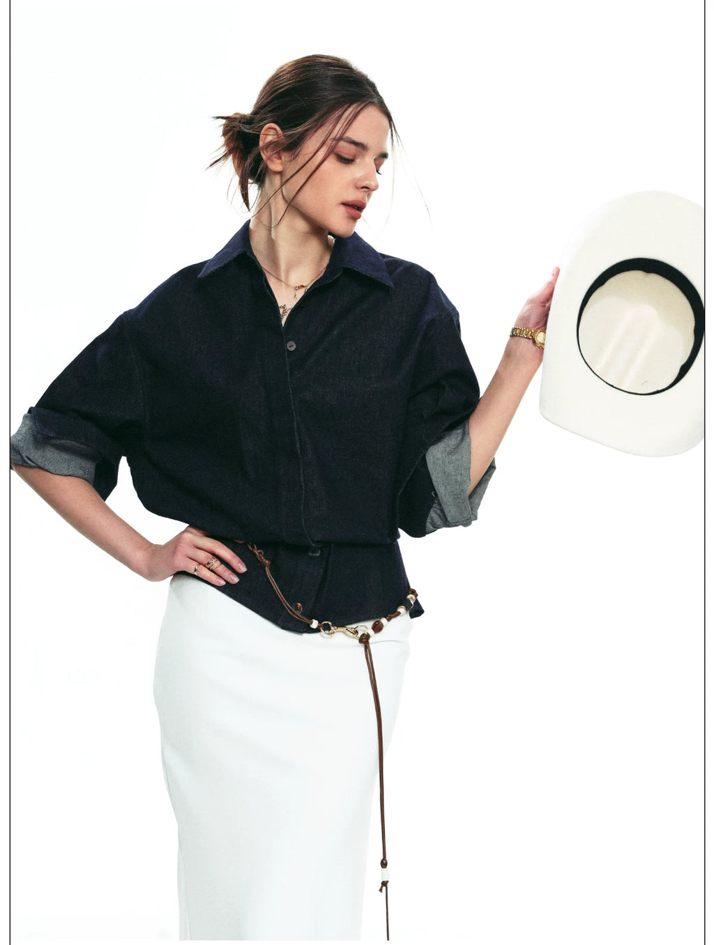 French-Inspired Slim-Fit Cropped Denim Shirt