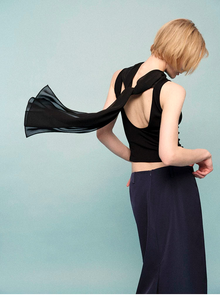 French Sheer Shawl Off-Shoulder Backless Top