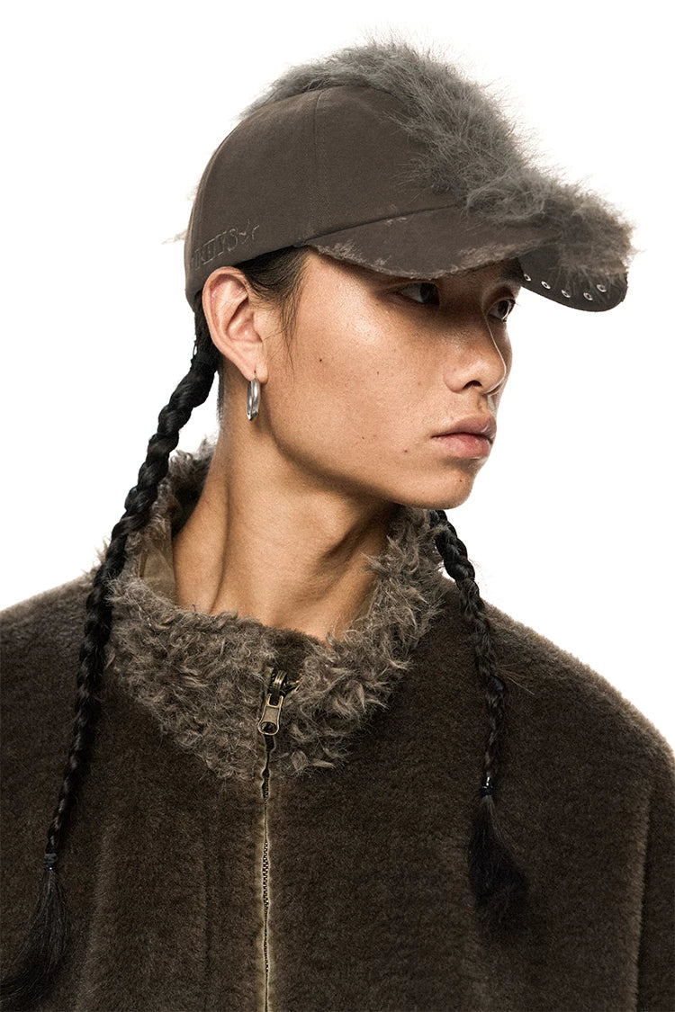 Vintage Punk Distressed Mohair Plush Newsboy Cap with Studs – Washed Texture